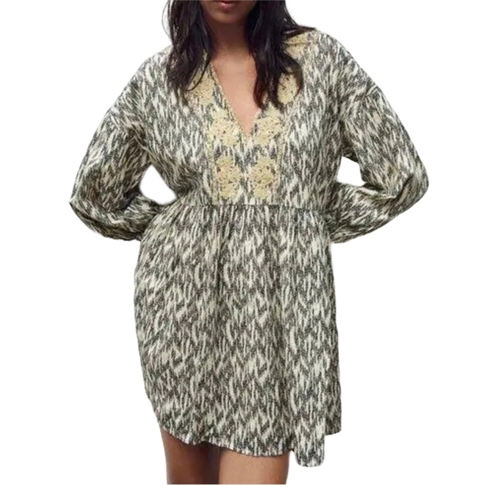 Zara Ikat Print Babydoll Mini Dress Cotton Linen Beachy Boho Peasant Ivory Large
